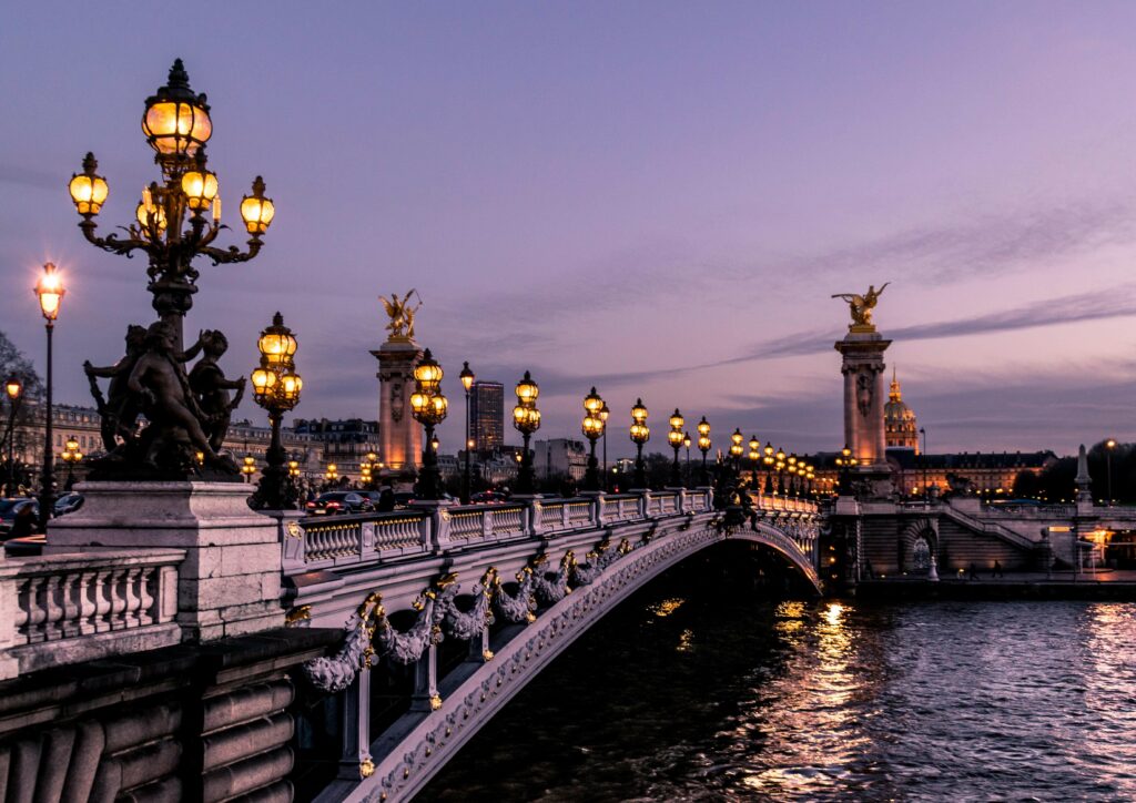 Evening sunset view from an architectural bridge often crossed while on pilgrimage in France.